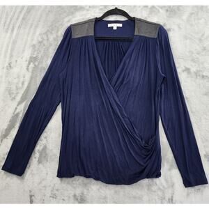 CAbi 953 Midnight In Paris Luxury Faux Wrap Blouse Size M Blue Black Stretch‎